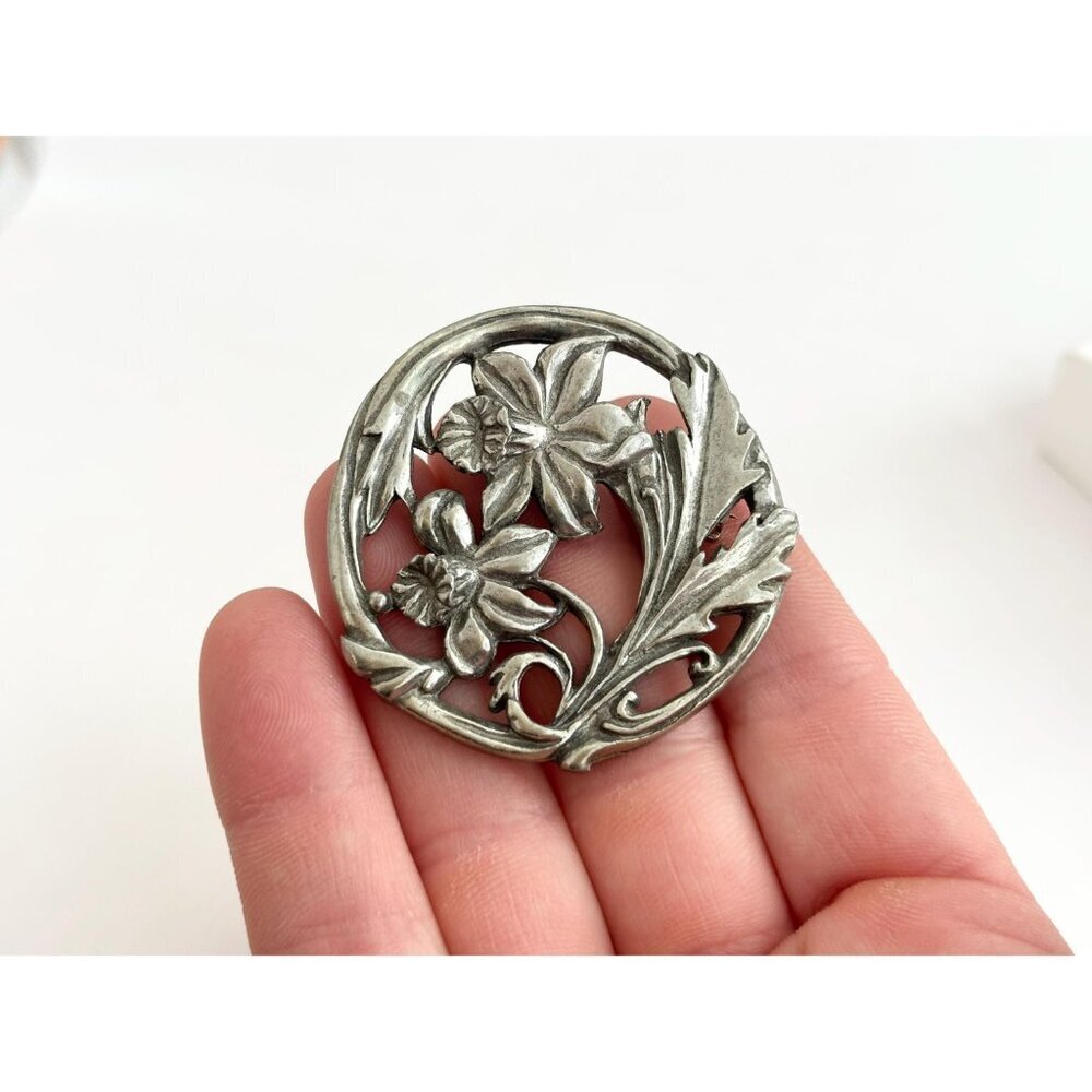 1987 Canadian Made Floral Pewter Art Nouveau Inspired Vintage Brooch Pin - Picture 11 of 14